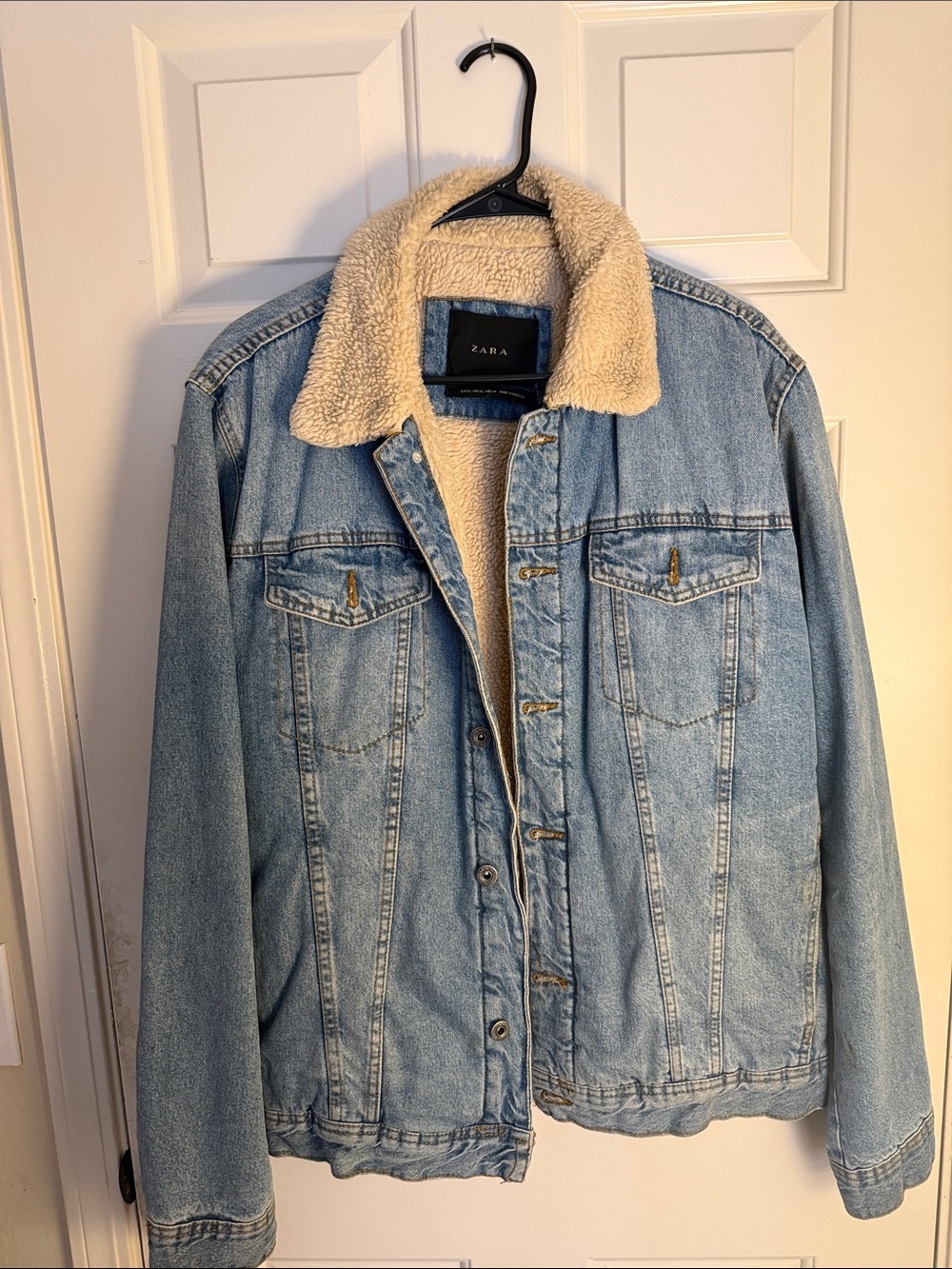 Zara Light Blue Denim Jacket with Cream Sherpa Collar